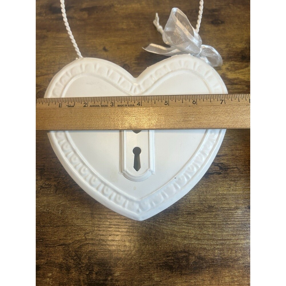White Metal Heart-Shaped Hanging Lock Box w/ Key Ribbon Bow Small 7in x 5in - Picture 9 of 12